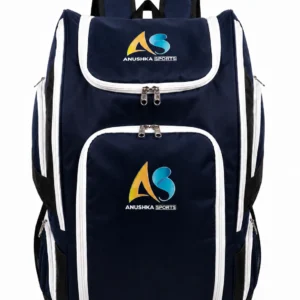 Front view of the Anushka Sports navy blue cricket backpack featuring multiple zippered compartments, premium white piping, and spacious storage.