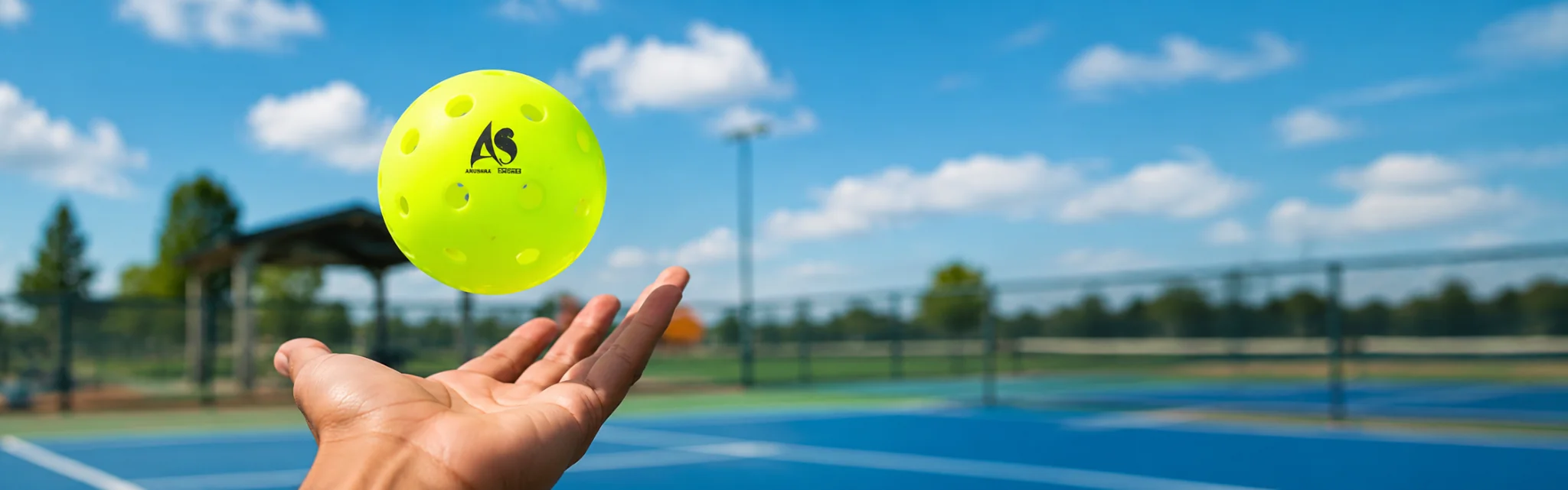 Close-up of an Anushka Sports pickleball ball floating above a player's hand on an outdoor pickleball court under a blue sky.
