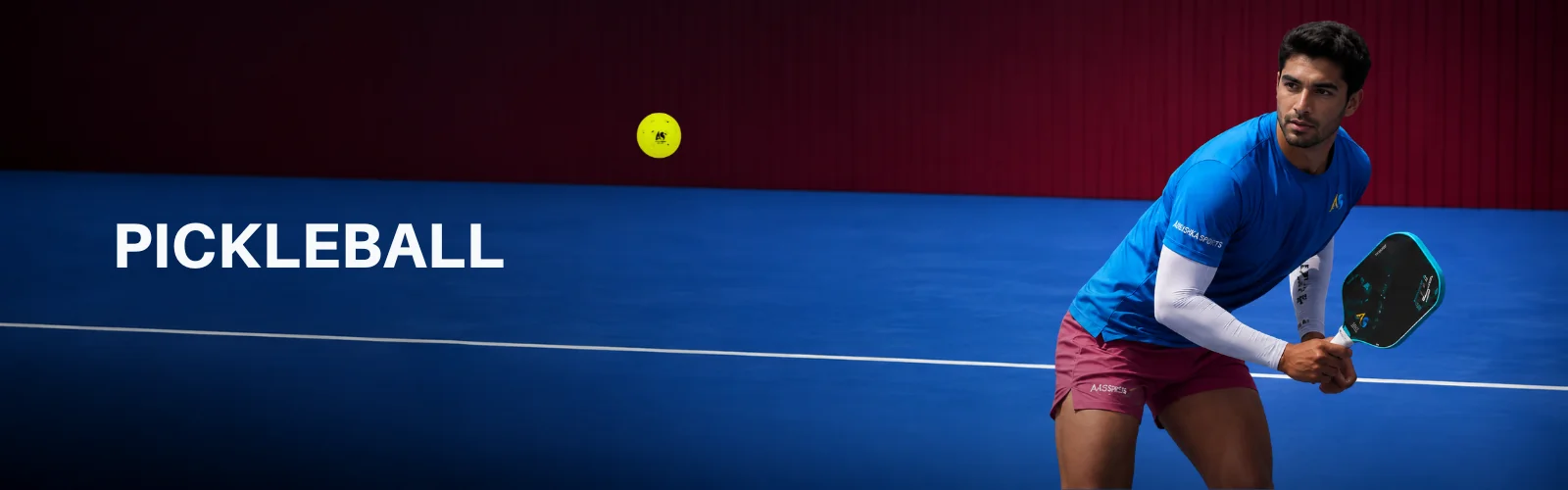 Anushka Sports pickleball banner featuring a player with a paddle on a blue pickleball court