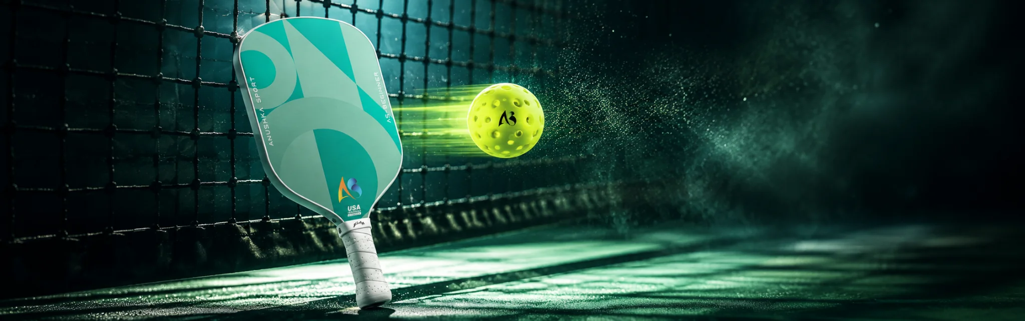 Anushka Sports pickleball paddle with a high-visibility yellow pickleball in motion on a professional outdoor pickleball court.