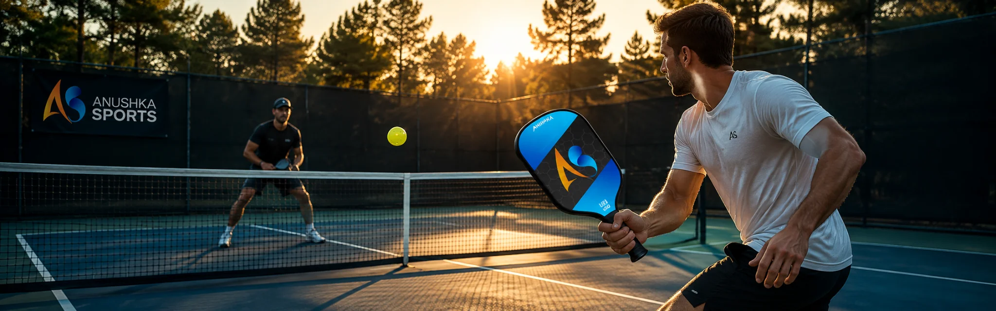 Anushka Sports pickleball paddle featured in a cinematic outdoor pickleball match at sunset with players on a professional court.
