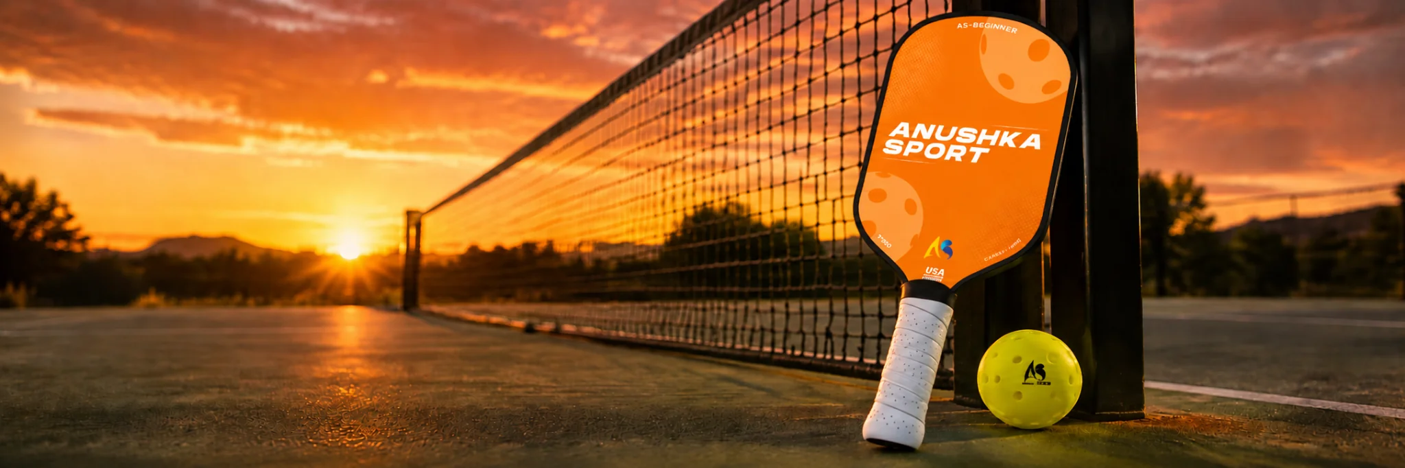 Anushka Sports pickleball paddle and yellow pickleball resting beside the net on an outdoor pickleball court at sunset.