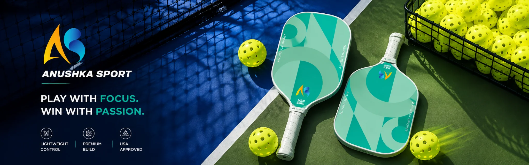 Anushka Sports premium pickleball paddles and outdoor pickleball balls displayed on a professional court with branding, lightweight design, premium build, and USA-approved performance.