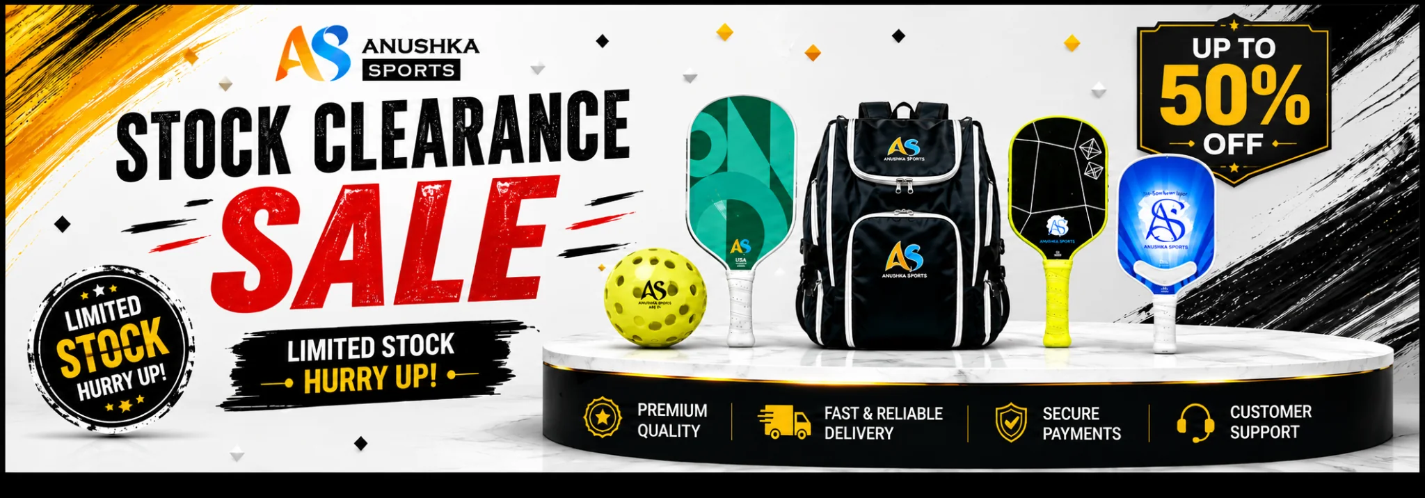 Anushka Sports stock clearance sale with pickleball paddles, backpack, ball and up to 50% off discount