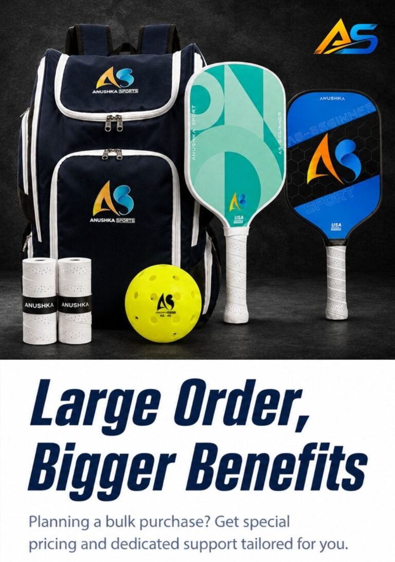pickleball backpack, two paddles, two white grips, and a yellow pickleball. Large text reads “Large Order, Bigger Benefits,” with smaller text: “Planning a bulk purchase? Get special pricing and dedicated support tailored for you.”